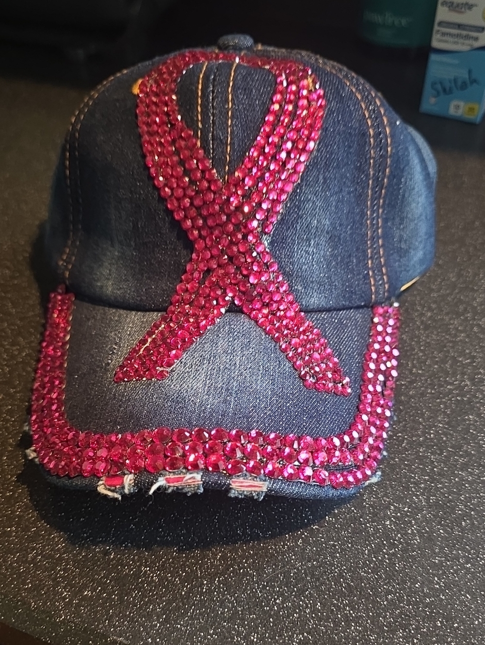 Kids Denim Cap with Pink Crystal Ribbon